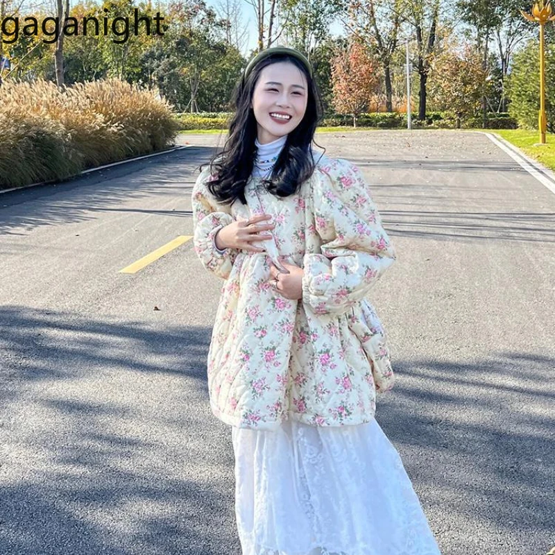 Gaganight Women Popular Floral Cotton Jacket 2024 Women's Autumn Winter New Fashion New Korean Chic Drama Outfit Cotton Dresses