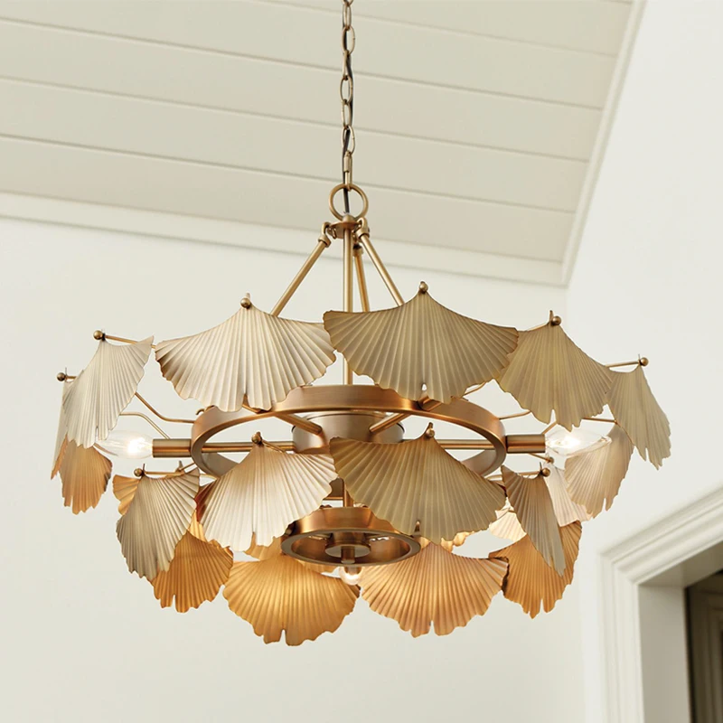 

American Country Living Room Chandelier Designer Bedroom Lamp Retro Fan-shaped Ginkgo Leaf Restaurant Creative Exhibition Hall