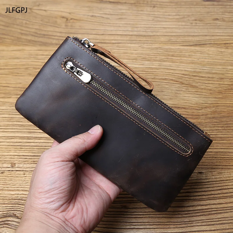 

JLFGPJ Genuine Leather Long Zippered Wallet For Men's Vintage Handmade Crazy Horse Leather Convenient And Simple Handheld Bag