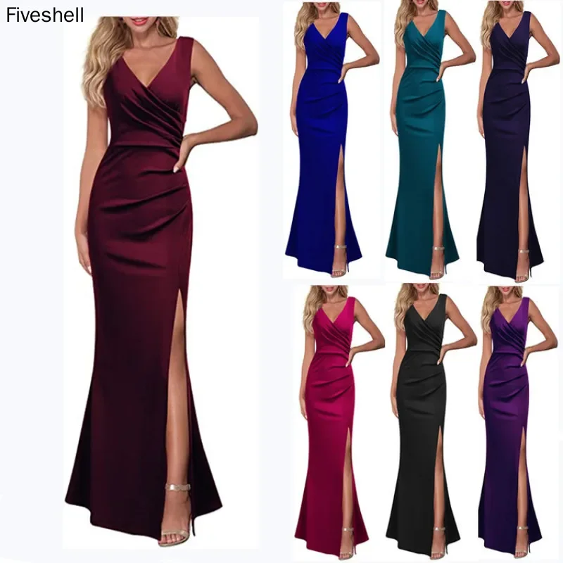 

Women New Summer Dresses Sleeveless V Neck Vestidos Split Evening Cocktail Formal Long Party Dress