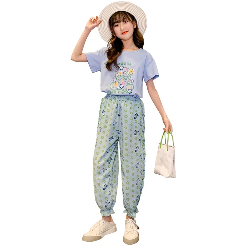 

Summer Girls Thin Mosquito Proof Pants Ice Silk Loose Fragmented Sports Cotton Sleeve Long Pants Two Piece Set