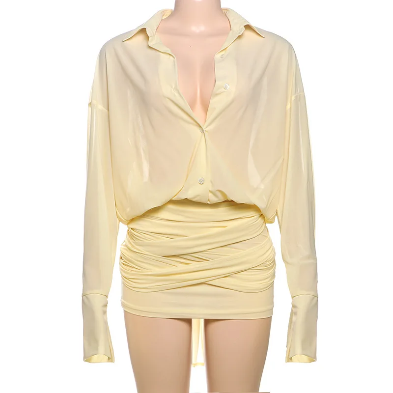 DSMTRC Femmes Élégant Sheer Revers Manches Longues Moulante Chemise Robe Sexy Streetwear Simple Boutonnage Bandage Décorer Mini Robes