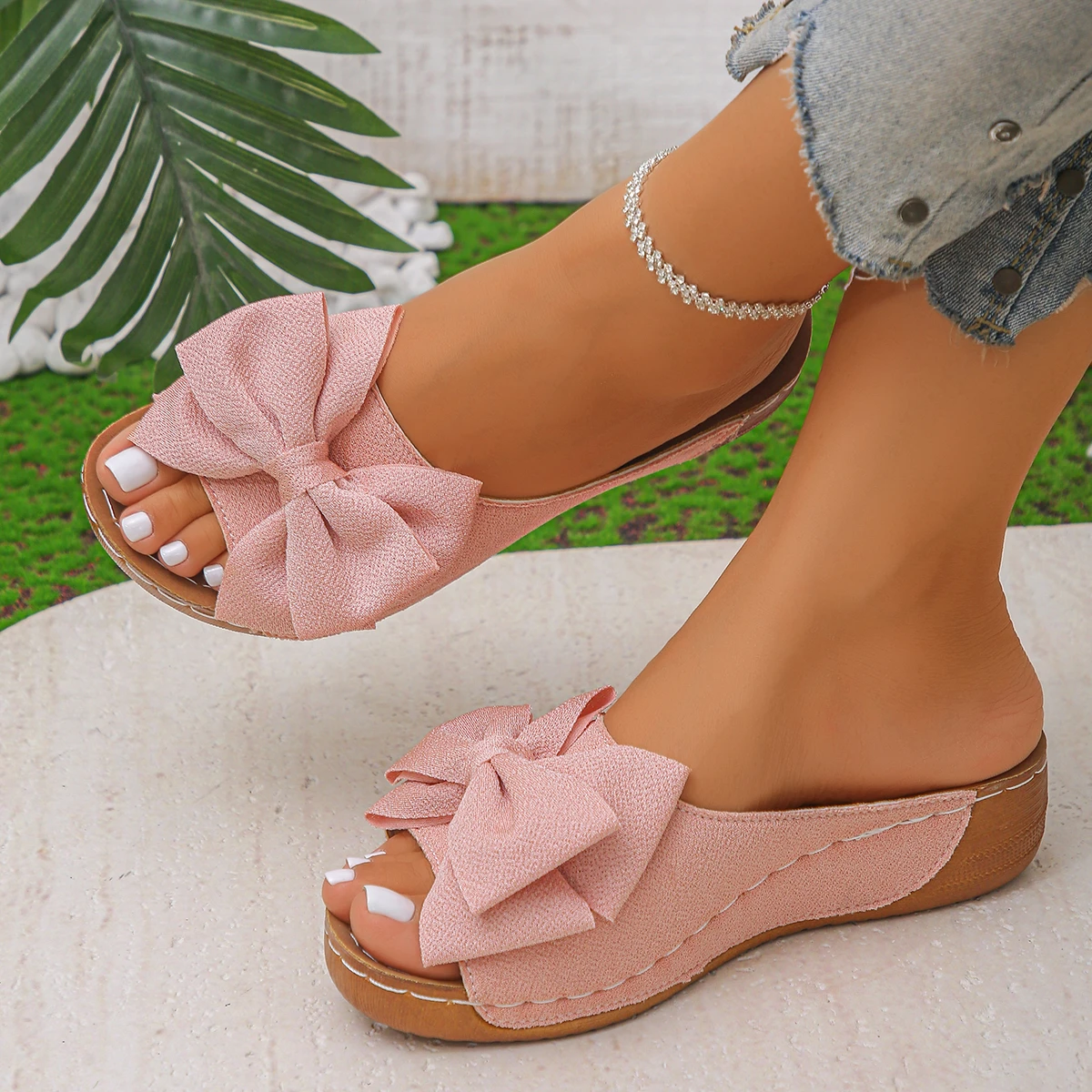New Large Size Butterfly Knot Thick Heel Sandals Women Outdoor Wear Slope Heel Open Toe Fish Mouth Lightweight Beach Slippers