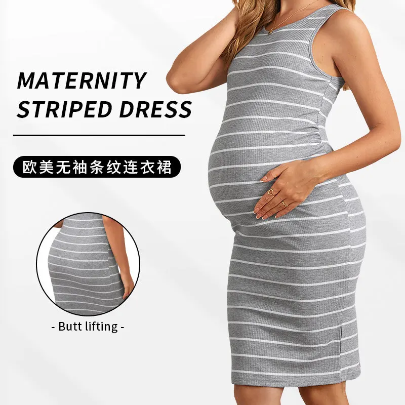

Maternity Round-Neck Dress Casual Black And Gray Striped Elastic Tight Sleeveless Maternity Dress