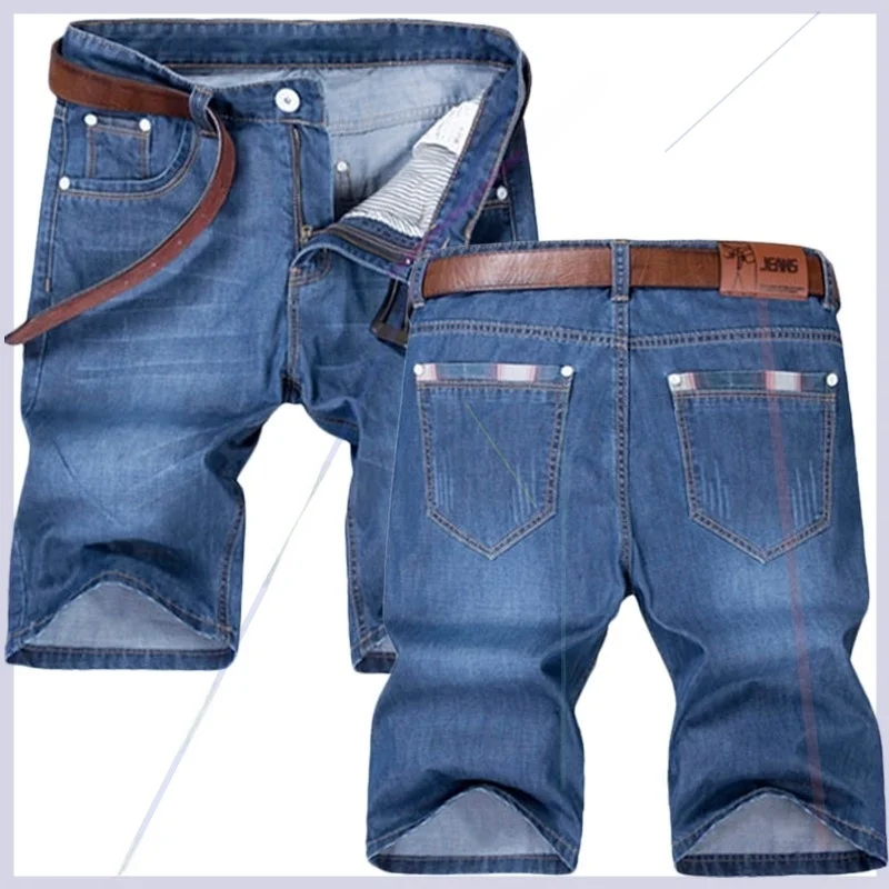 

Легкие летние мужские джинсовые шорты для пляжа, со средней посадкой, прямого кроя, из хлопкового денима, повседневные, длиной до колена