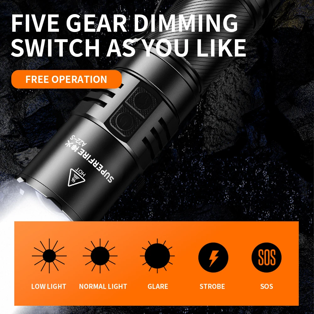 SUPERFIRE A22-S Powerful LED Flashlight 36W with Gear Memory Function Zoomable Torch USB-C Rechargeable 26650 Battery Lantern