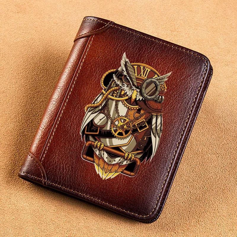 High Quality Genuine Leather Wallet Steampunk Gear Owl Printing Standard Purse BK283