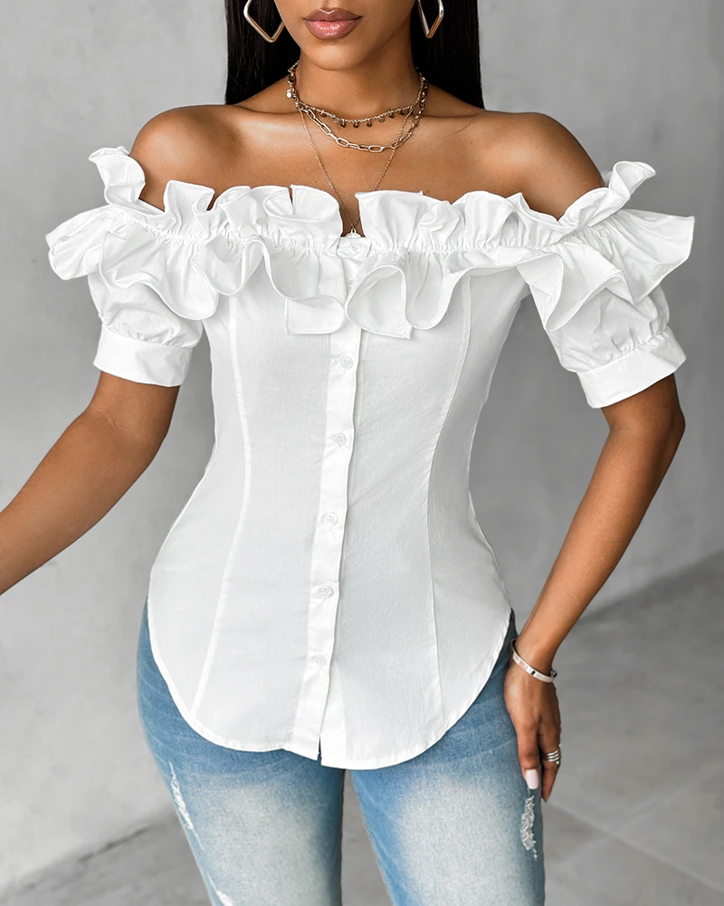 2024 Buttoned Ruffles Asymmetrical Hem Short Sleeve Blouse Women Top