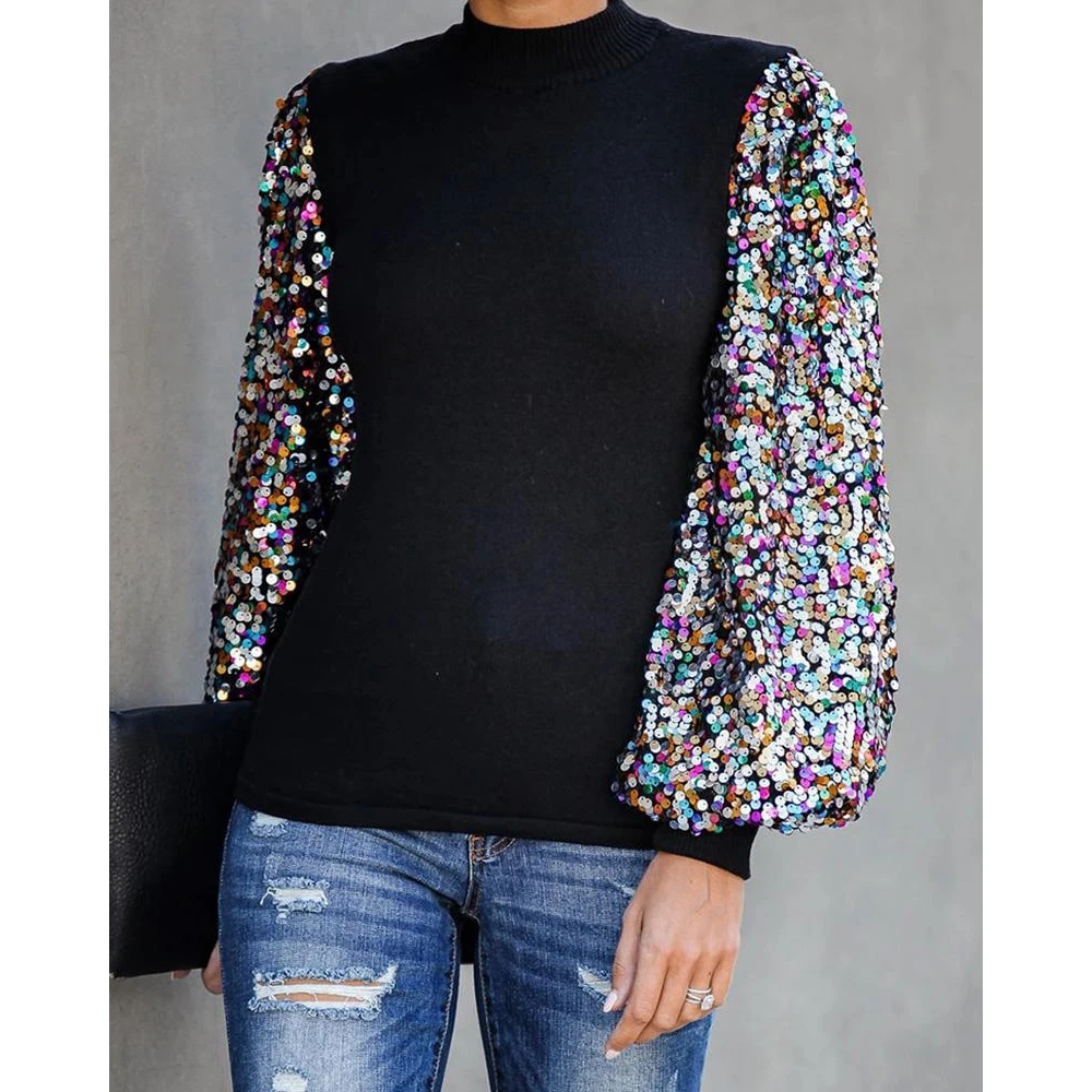 

Women Colorful Sequins Contrast Lantern Sleeve Round Neck Top Fashion Femme Casual Long Sleeve T-Shirt Blouse Autumn Steetwear