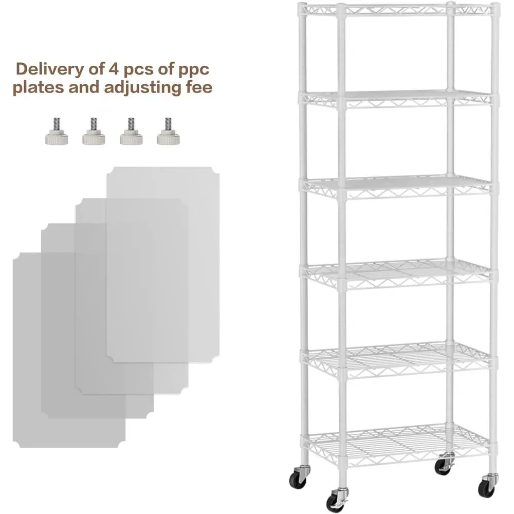 Rak Kawat Logam 6 Tingkat yang Dapat Disesuaikan dengan Roda, Putih, untuk Penyimpanan di Rumah di Dapur, Ruang Penyimpanan, Ruang Cuci, dan Kamar Mandi