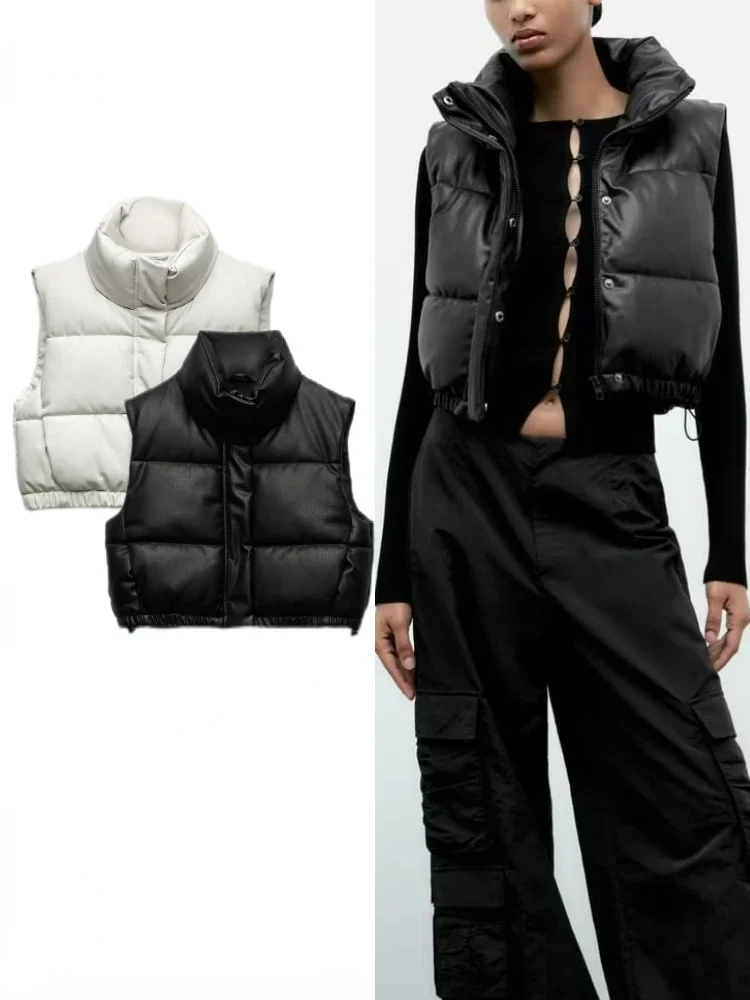 ZBZA Fall Winter New Women Fashion Thick Warm Faux Leather Cropped Padded Waistcoat High Neck PU Vest Female Outerwear Chic Tops