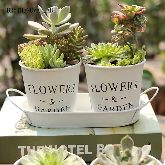 European Style Iron Sheet Flower Bucket White Letter Pattern Succulent Flowerpot Plant Three Piece Set of Flower Pots with Tray