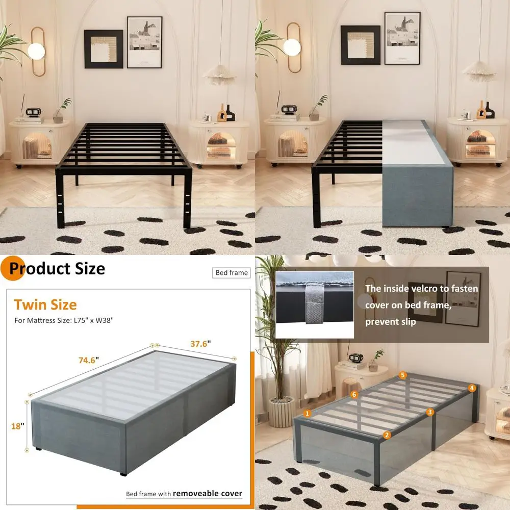 

Durable 18 Fabric-Covered Twin Bed Frame, Heavy-Duty Metal, No Box Spring, Supports 2500 lbs, Easy Assembly, Silent, Black