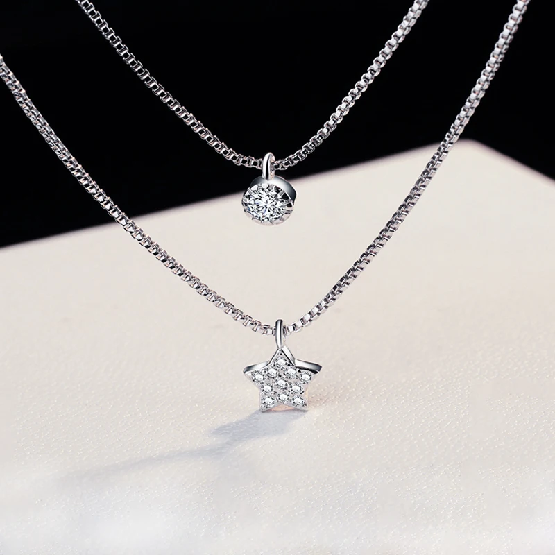 925 Sterling Silver Round Shiny Zircon Crystal Double Layer Star Charm Pendant Necklace For Women Wedding Jewelry Choker Collar