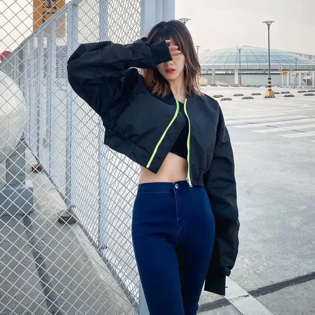 

Women's Ruched Sleeve High-Waisted Cropped Bomber Jacket European American Blogger Style Autumn New Design Trendy Short Jacket