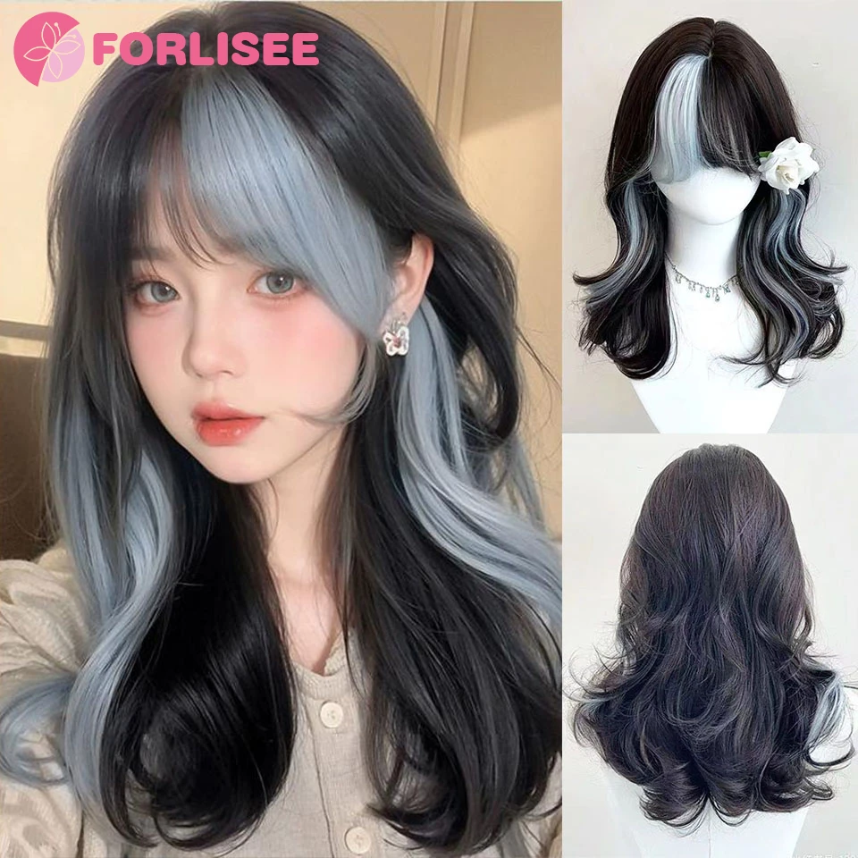 FORLISEE Ombre Wig Black Wavy Hair for Daily Use Party heat resistant Synthetic Wigs for Women Cosplay Lolita Wig Headband Wigs