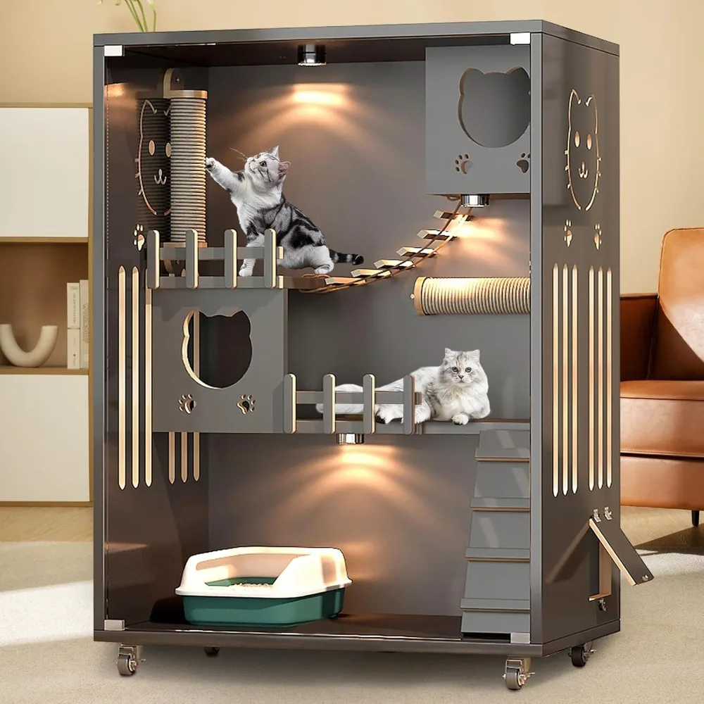 

Wooden Cat House Large Space Cat Cage, Indoor/Outdoor Cat Enclosure with Wheels, Multi-Feature Enclosed