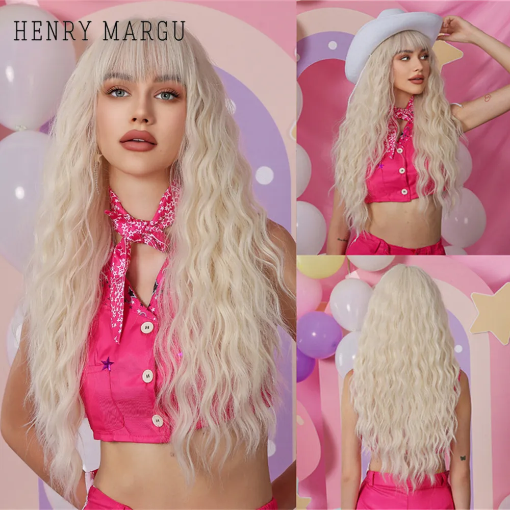 

HENRY MARGU Platinum Blonde Curly Synthetic Wigs with Bangs White Wig for Party Halloween Long Layered Blonde Wig Heat Resistant