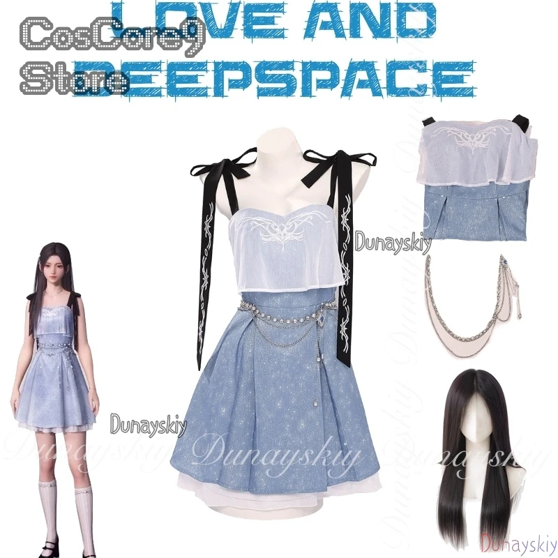 

Игра «Любовь и глубокий косплей Deepspace Hunter A Player», косплей с черным париком, сарафанное платье в форме сердца, косплей 코스프레, все комплекты