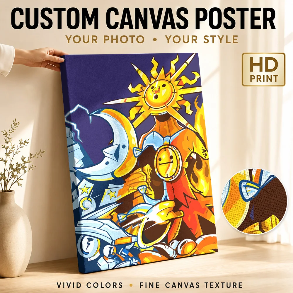 Spell Brigade Sun And Moon Canvas Poster Personalized Photo Colorful Cartoon Style Wall Art For Console Corner Game Lover Gift