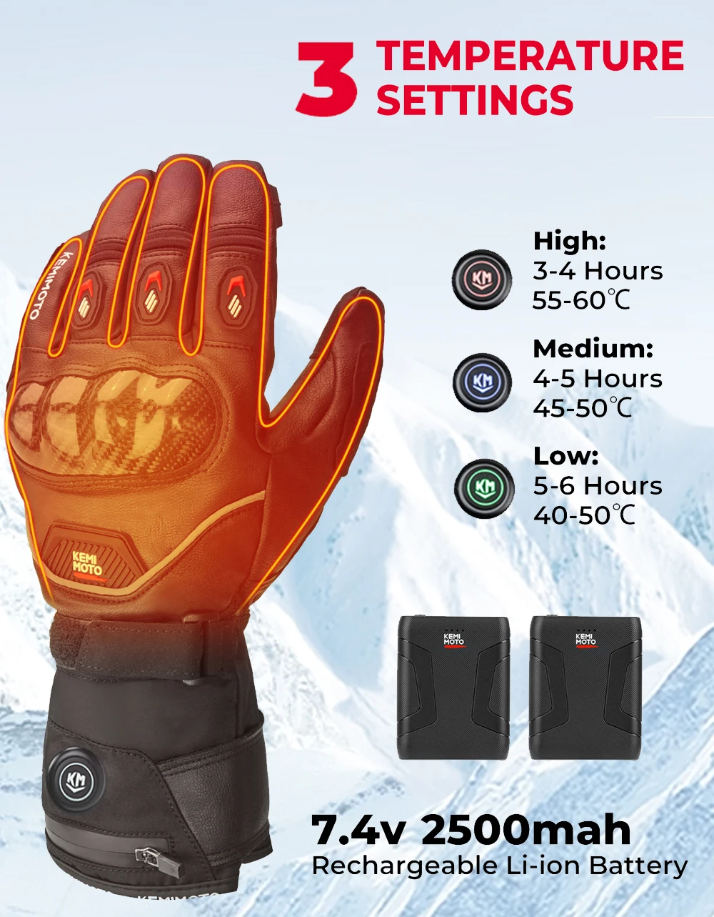 KEMIMOTO Leather Heated Motorcycle Gloves Winter Waterproof Touch Screen Moto Ski Camping Heated Gloves Battery Motorbike