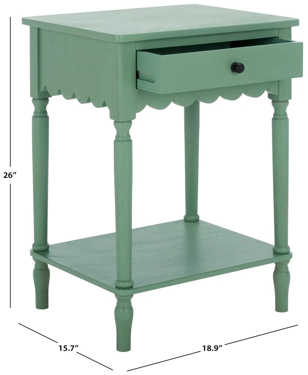 Sage Green Accent Table with Drawer & Shelf, Scalloped Apron Traditional Side Nightstand, Customized