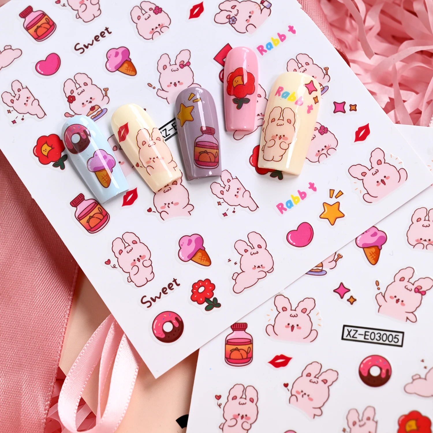 1Pcs Kawaii Pink Ribbit Nail Stickers Flower Donut Ice-Cream Bunny Self Adhesive Nails Decals Kid Girl Cartoon Manicure Sliders view 4