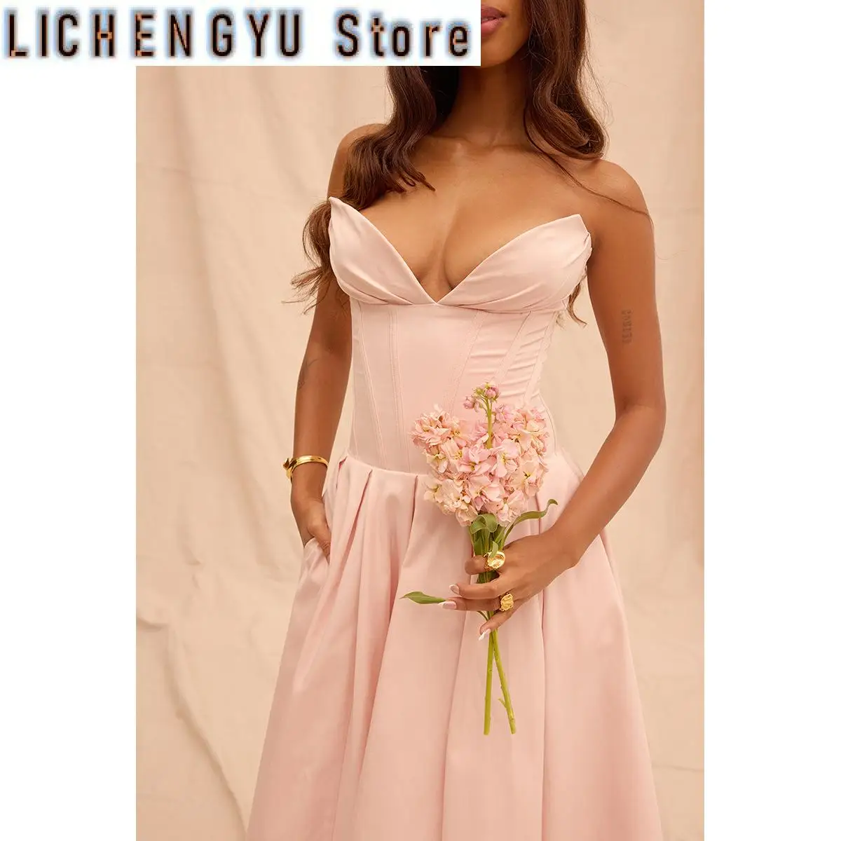 New fashion summer dresses Pink Strapless Long Dress Elegant Flare Corset Dress Women's Clothing