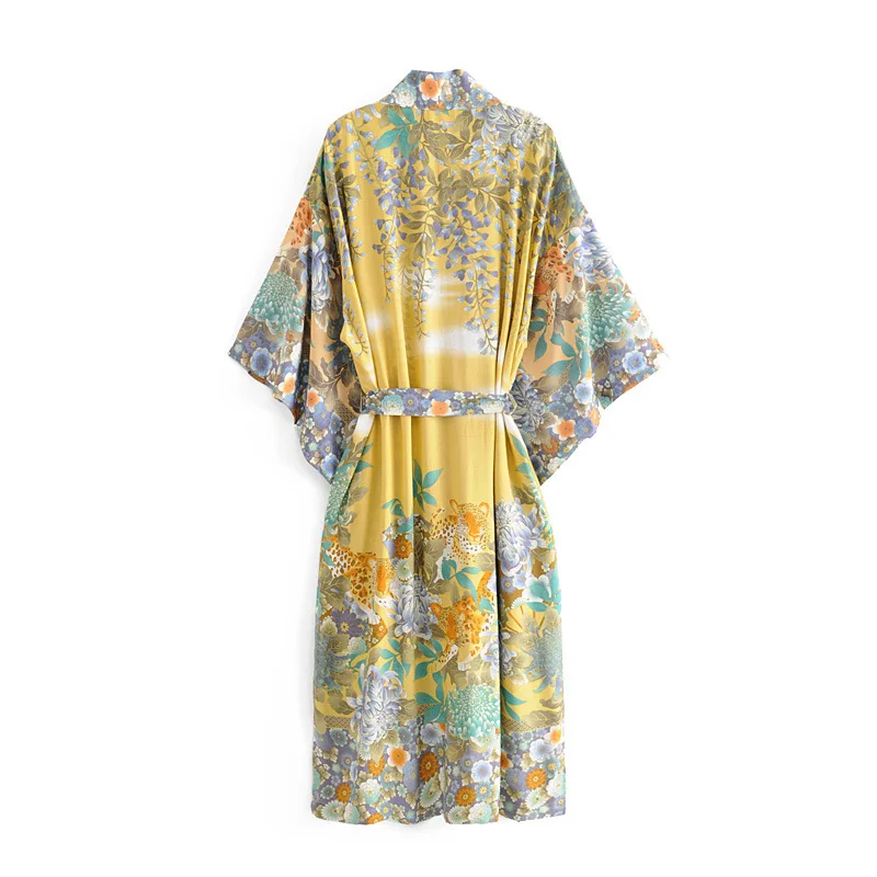 Fashionable Women's Print Kimono Short Sleeve Long Robe Tiger Flower Pattern Cotton Clothing Spring Autumn Season Ladies' Wear