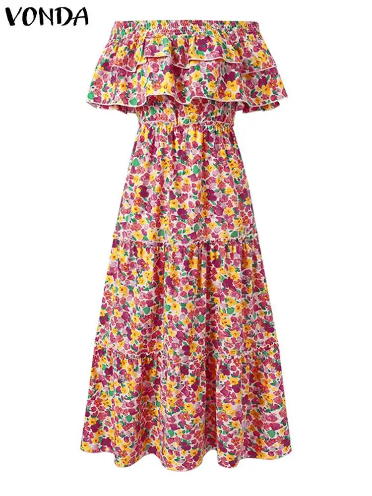 VONDA Summer Maxi Dress Women Bohemian Off Shouler 2024 Floral Print Casual Loose Robe Half Sleeve Vintage Beach Party Sundress