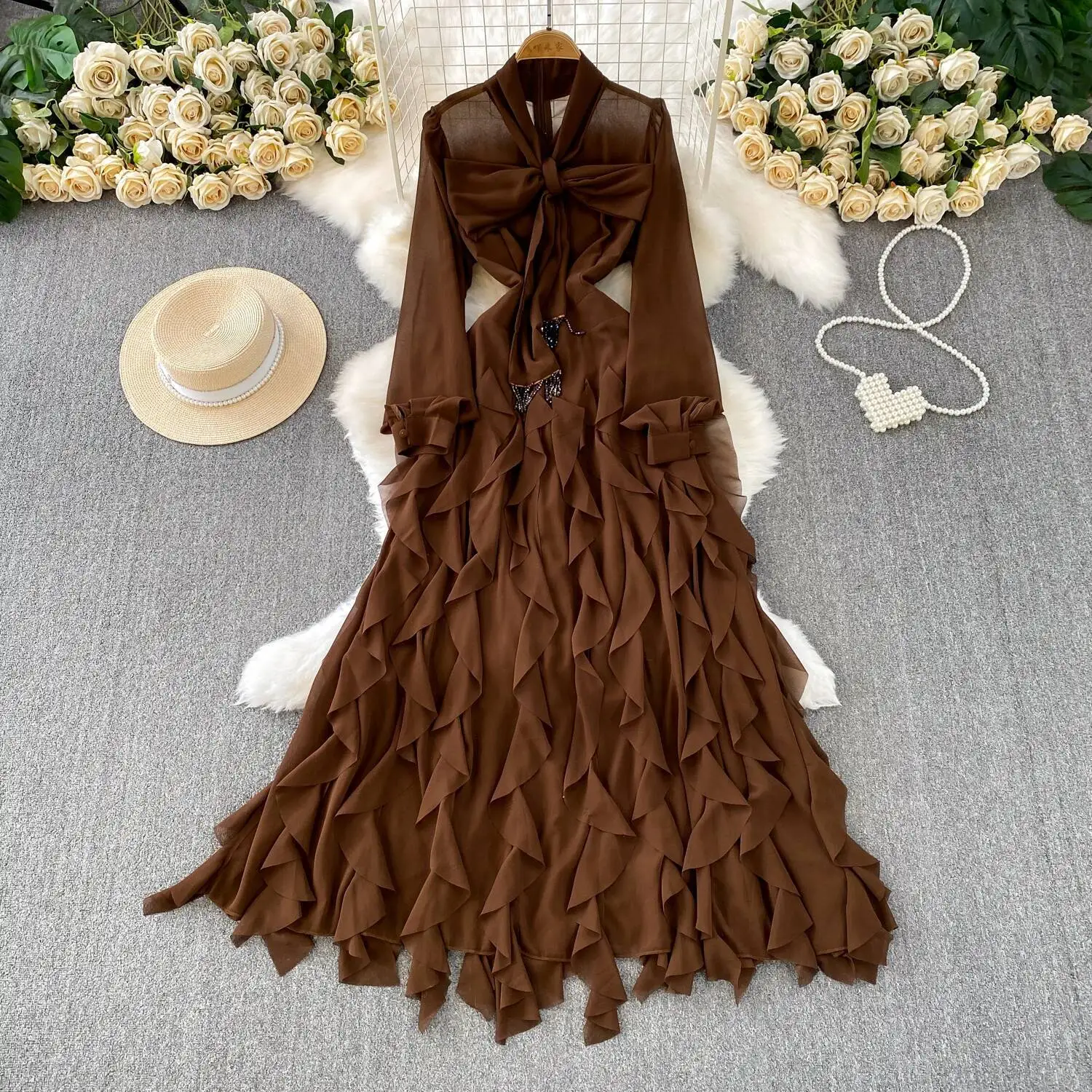 الرجعية أنيقة الخامس الرقبة كشكش الدانتيل متابعة مطوي كم طويل ألف خط عادية عالية الخصر فستان المرأة الخريف #3