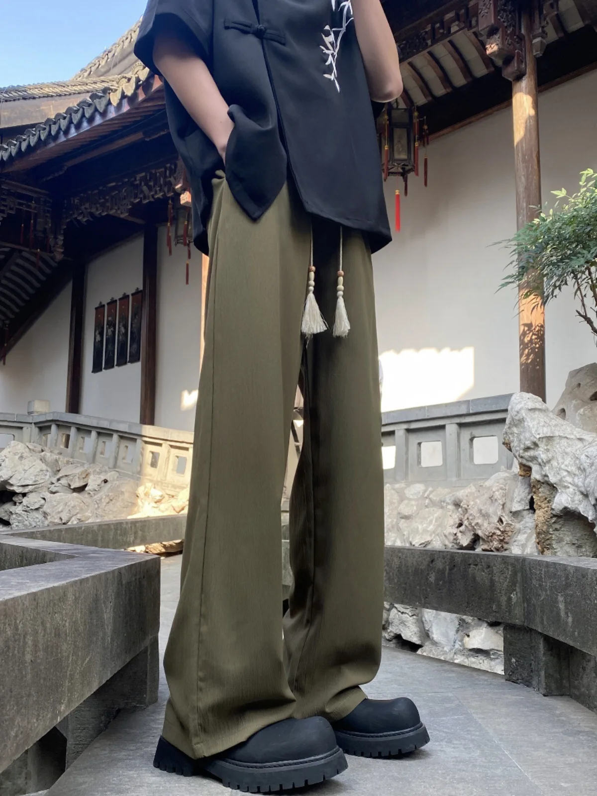 New Chinese style disc button pants men's summer new high-grade sag loose straight wide leg casual pants