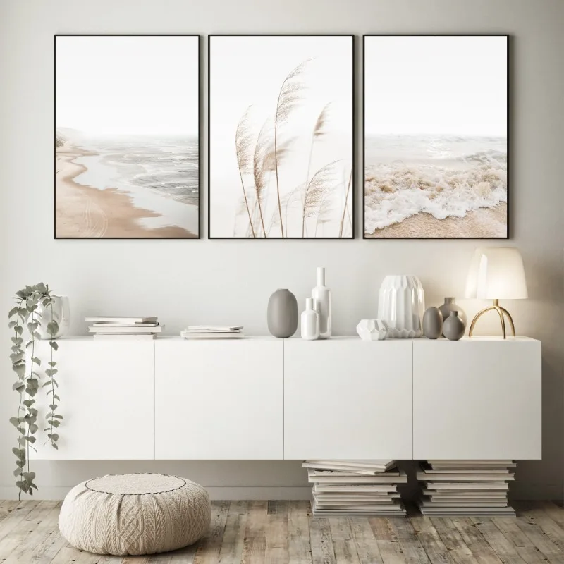 Boho Neutral Beach Coastal Pampas Grass Ocean Landscape Minimalist Wall Art Poster Print Canvas Painting Wall Picture Home Decor