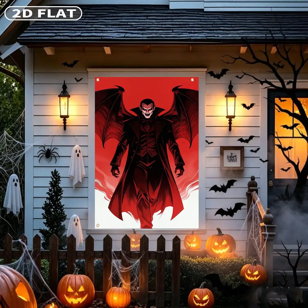 2D FLAT 1pc Party Banner, Halloween Window Cover with Vampire With Bat Wings On Red Background Poster,122x88cm, Polyester