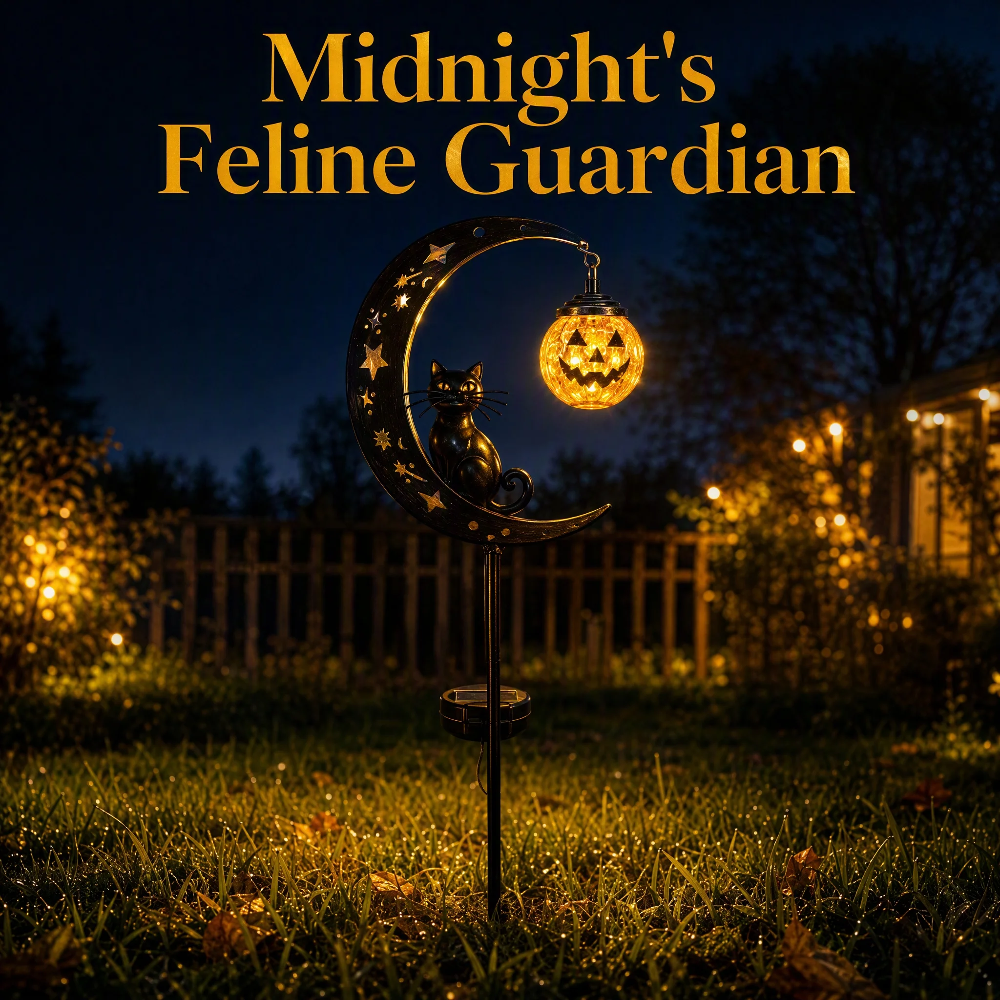 Solar Halloween Black Cat Pumpkin Moon Garden Stake Light Waterproof Metal Stake Lamp with Hanging Pumpkin Lantern Ornaments