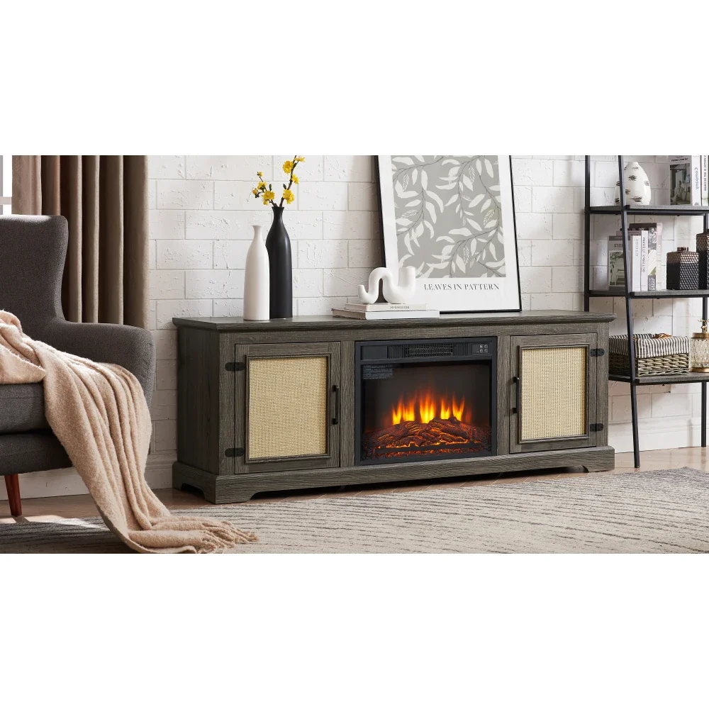 Natural Rattan Door Cabinet With Adjustable Shelf Wood, Farmhouse Rattan TV Stand Console Table For TVs Up To 70 Inches, Storage