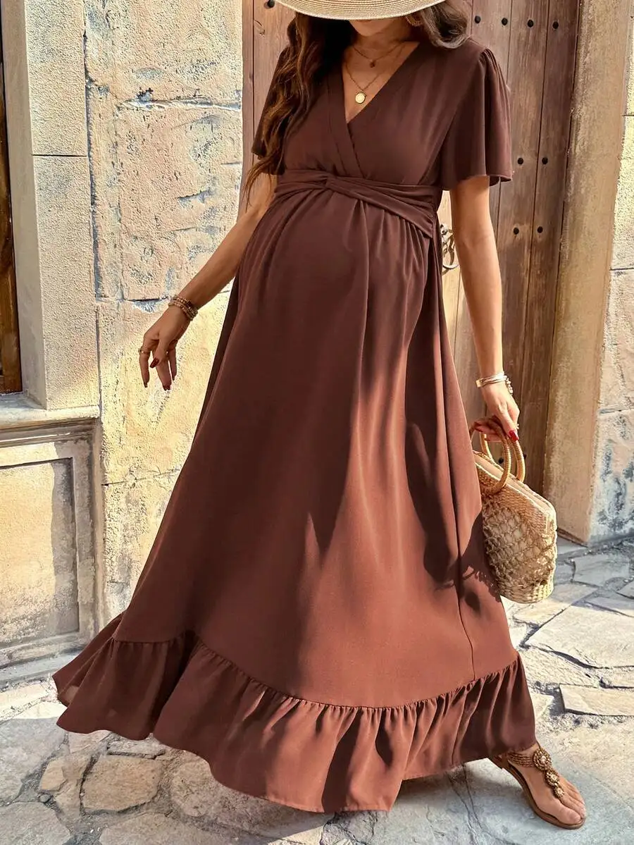 

Maternity Casual Solid Brown Maxi Dress With Ruffle Hem V Neck