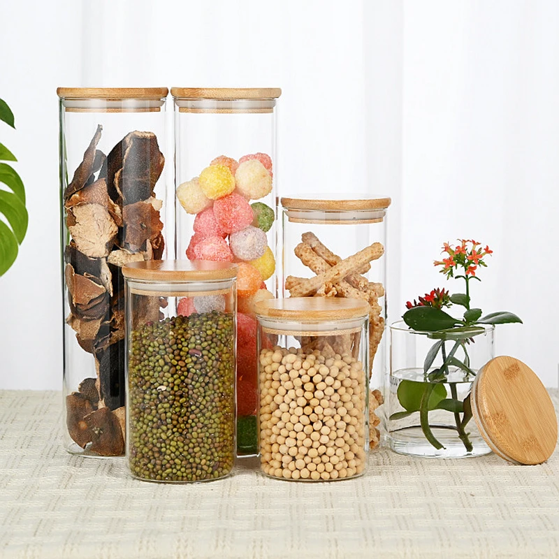 

Round Glass Storage Jars with Bamboo Cover, Sealed Glass Bottle, Kitchen Seasoning Pot, 750ml, 3 Units