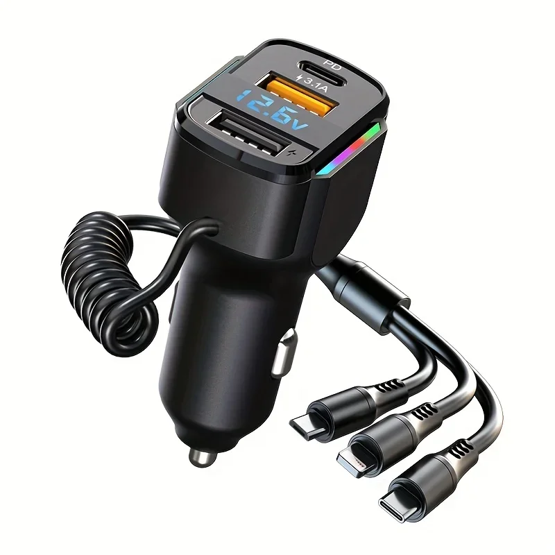 3-in-1 Car Charger PD Fast Car Charger (K4) QC3.1 Type C 2 USB Charging Ports + 1 Type C Fast Charging Micro USB Type C