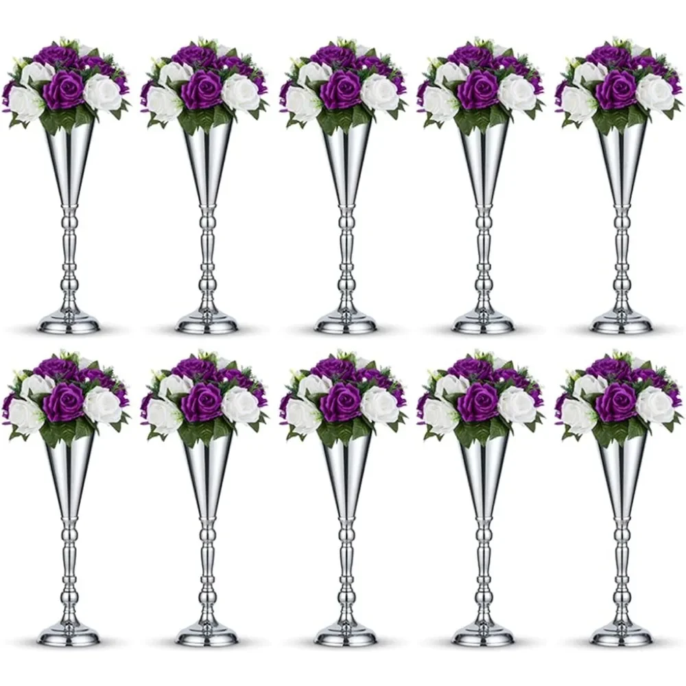 10 Pcs Tabletop Silver Metal Wedding Flower Trumpet Vase, 16.5 inch Table Decorative Home Decoration Freight Free