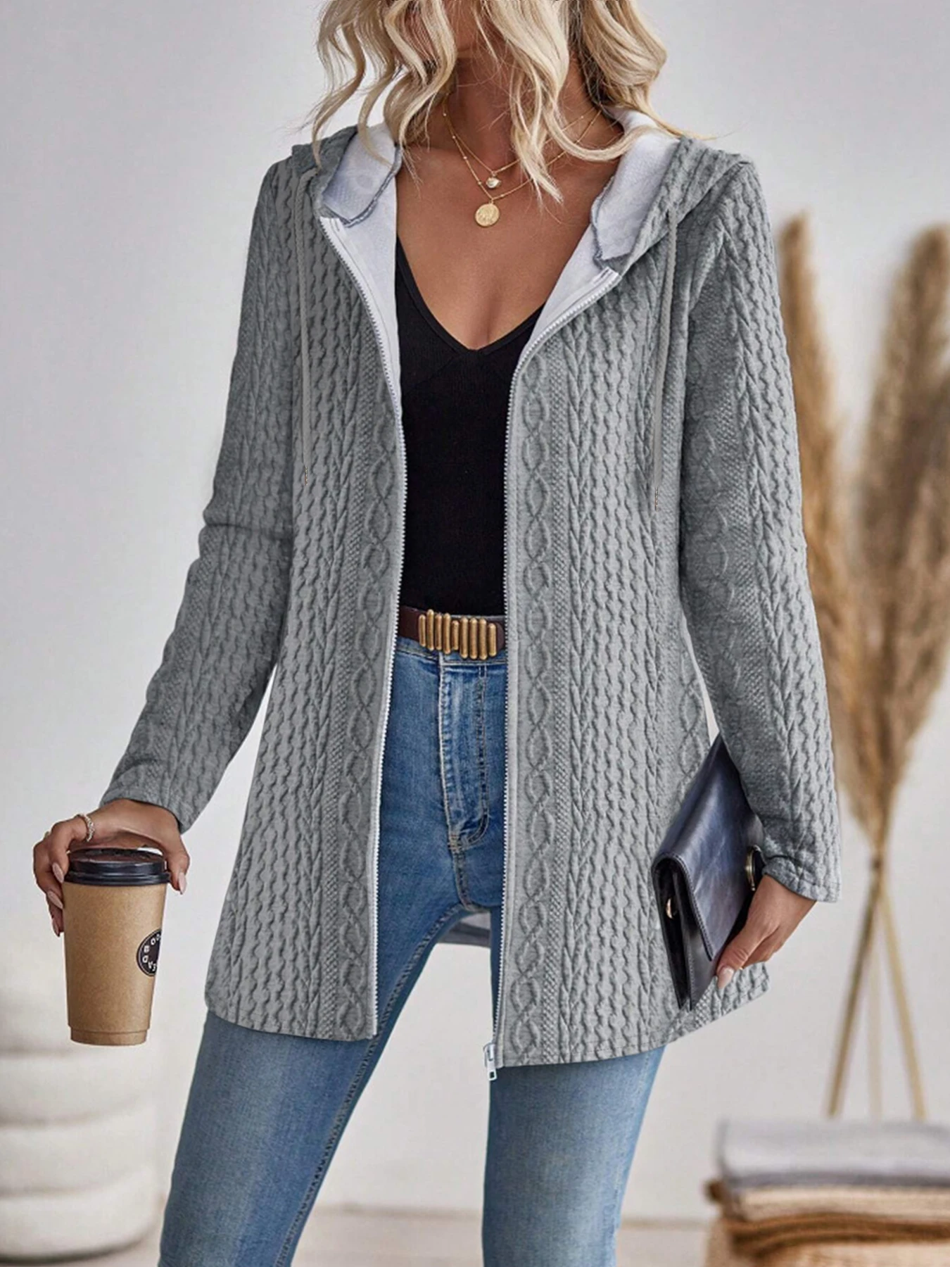 women'sElegant directional fashionable texture solid color zipper hooded sweatshirt