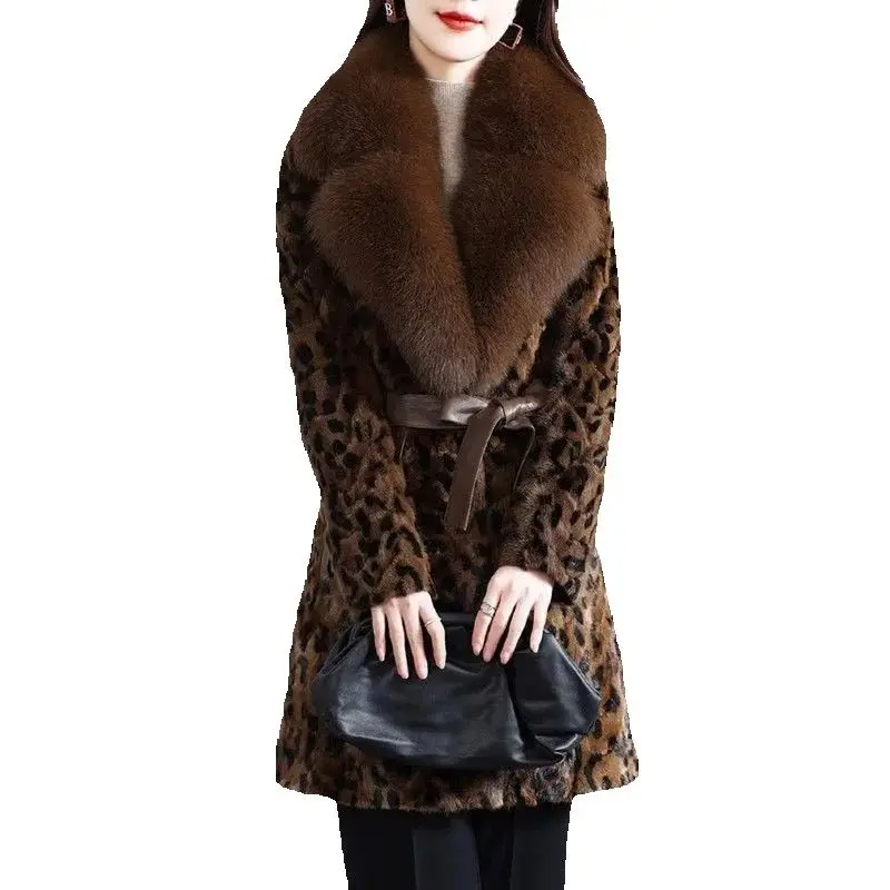 2025 Winter New luxury leopard Print Trendy Fox Fur Collar And Mink Fur Coat High Quality Real Mink Fur Coat Women