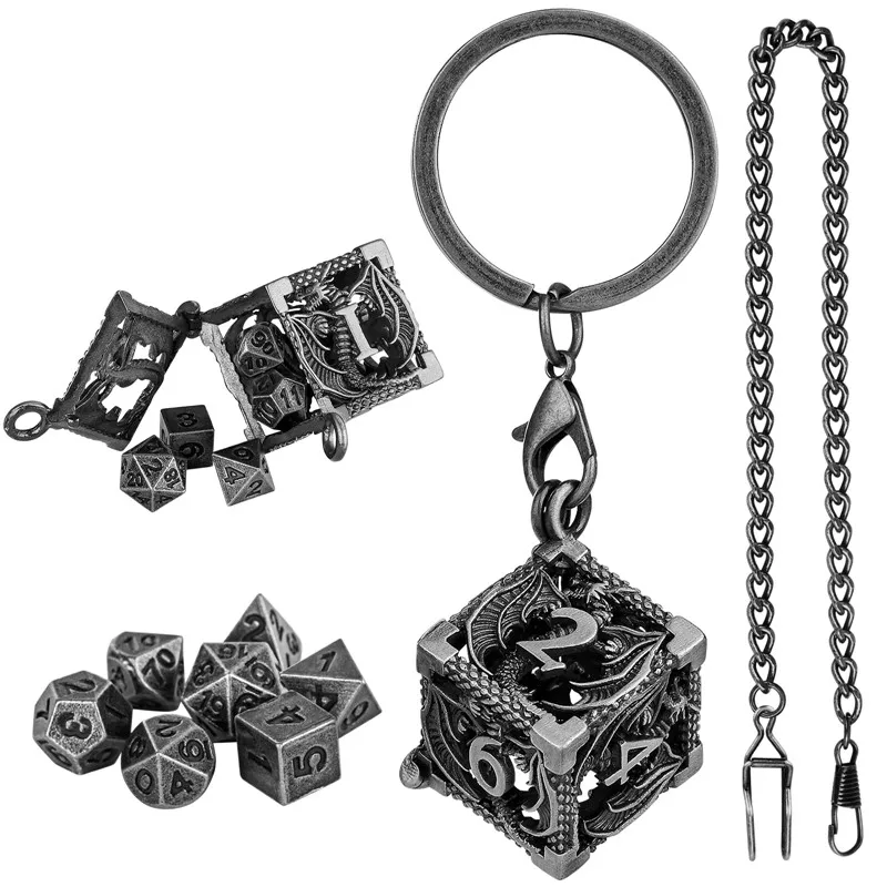 พวงกุญแจพกพาขนาดเล็กกล่องโลหะ D6กลวงพร้อมขนาดเล็ก7ชิ้นชุดลูกเต๋าโลหะหลายด้านอุปกรณ์เสริมสำหรับเล่นเกมสวมบทบาท