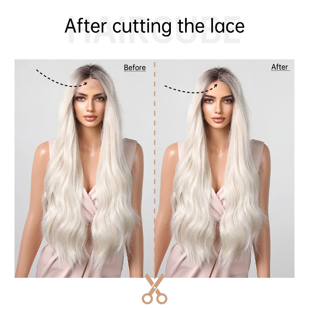 ALAN EATON Platinum Blonde Synthetic Lace Wig Long Wavy Hair Ombre Blonde Lace Front Wigs Heat Resistant for Women Daily Party