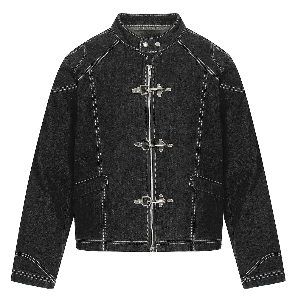 

Men Plane Buckle Denim Jacket Vintage Short Style Jean Coat Casual Stand Collar Black Top Outerwear