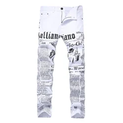 New Men Jeans Slim Fit Biker White Jeans Trousers Skinny Jeans Punk Letter Printing Denim Pants Plus Size 42 Dropshipping