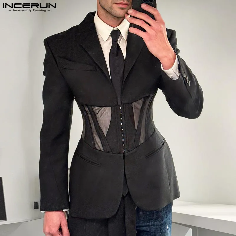 INCERUN 2024 Handsome Men's Clothing Stylish Patchwork Mesh Waistband Suit Coat Sexy Male Solid Color Long Sleeved Blazer S-5XL