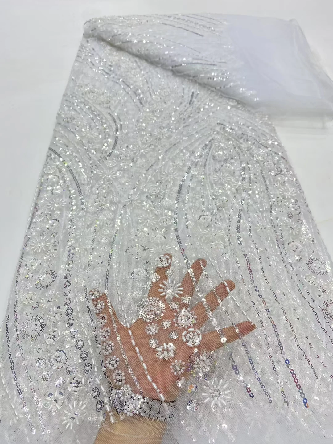 

New Arrival Sky Blue Handmade Beads French Lace Fabric 2025 High Quality Beaded Sequins Lace Fabric For Evening Dress PDP25136