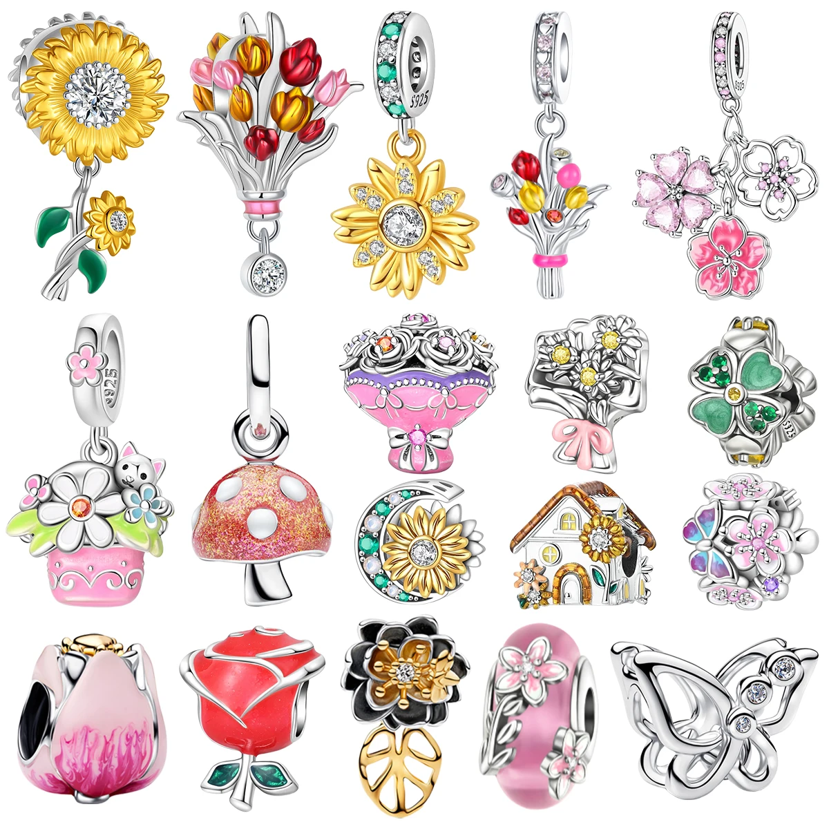 

925 Silver Red Rose Bud Sunflower Bouquet Dangle Tulip Daisy Charms Sweet Beads Cherry Blossom Delicate Floral Girl Gift Jewelry