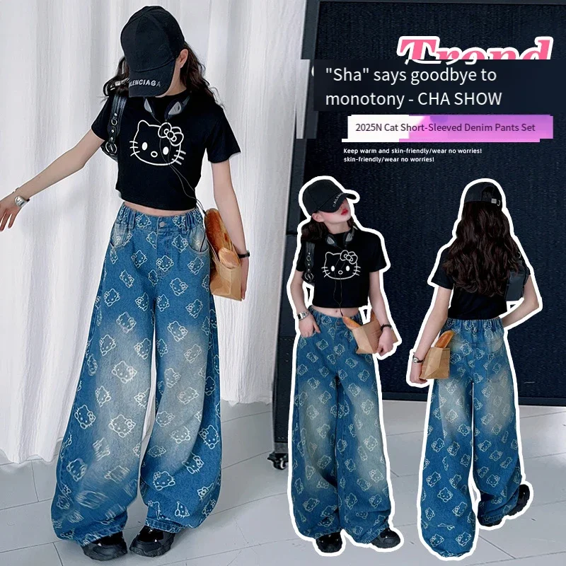

Детский джинсовый комплект с короткими рукавами Hello Kitty для девочек, детский костюм Sanrio, детская одежда с милыми мультяшными персонажами, аниме-фигурки